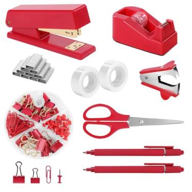 Imagem de SKYDUE Acessórios de mesa de escritório vermelhos, suprimentos de escritório rosa, grampeador, dispensador de fita, tesoura, clipes e 1000 peças de grampo, material de escritório para mesa feminina