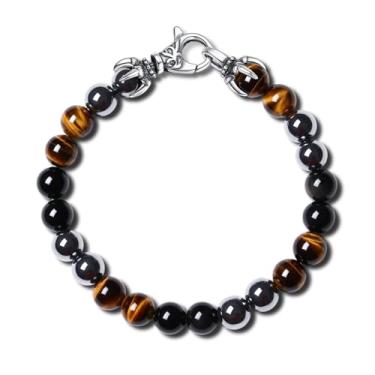 Imagem de GAVU Pulseira masculina com contas de 8 mm, olho de tigre vulcânica, proteção tripla para homens, 19 cm/21,6 cm/22,6 cm, L-8.9", Pedra, Pedra olho de tigre, pedra hematite e obsidiana