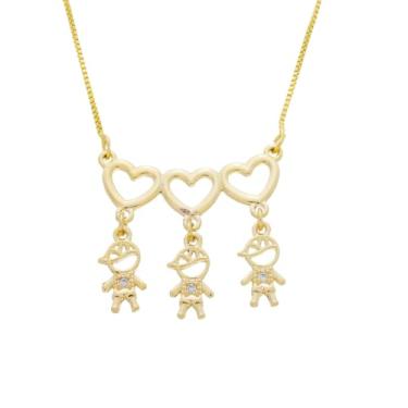 Imagem de Colar Com Pingentes 3 Meninos Filhos Canga 3 Bonequinhos Coração Banhado A Ouro 18K Semi Joia