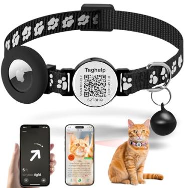 Imagem de TAGHELP Coleira de gato Airtag Breakaway com etiqueta QR Code ID, suporte refletivo para airtag de coleira de gato com sino, etiqueta de identificação de gato personalizada, (estampa de pata fofa