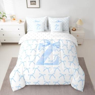 Imagem de Conjunto de cama Queen com laço de desenho animado e laço azul, letra Z, nó de princesa, aquarela, patchwork, azul, branco (edredom + lençol + 2 fronhas + 2 capas de travesseiro)