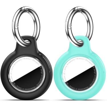 Imagem de Pacote com 2 porta-Airtags à prova d'água com chaveiro Apple AirTag, capa rígida para PC AirTag, suporte antiarranhões e choques, chaveiros e chaveiros masculinos femininos - preto + verde menta