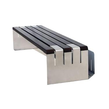 Imagem de ZzleoyuUUs-12 Banco de jardim externo preto e cinza cadeira de parque sem encosto banco externo moldura de aço inoxidável placa de assento de madeira área de descanso banco de pátio (médio)