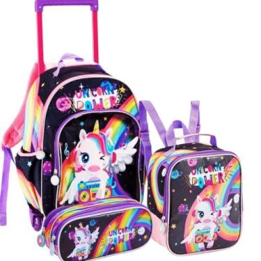 Imagem de Kit Mochila Rodinha escolar Infantil 3D Unicórnio Com Lancheira Térmic