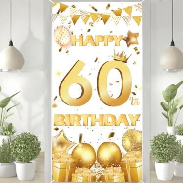 Imagem de Decoração de banner de porta de feliz aniversário de 60 anos de ouro branco de 1,5 m x 1,8 m, capa de porta de feliz aniversário para decoração de aniversário ao ar livre.