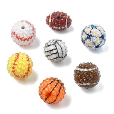 Imagem de KitBeads 35 contas de basquete, rúgbi, voleibol, 7 estilos, strass, bola grossa, contas esportivas de acrílico para fazer joias, pulseiras, chaveiros, artesanato