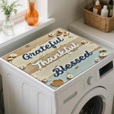 Imagem de GLOBLELAND Placa de madeira vintage, lavadora, secadora, tapete de cobertura contra poeira 59,9 x 59,9 cm, textos agradecidos, protetor superior para máquina de lavar roupa Thankful Blessed, capas de