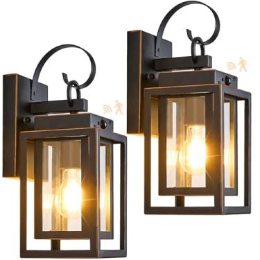 Imagem de 2 pacotes de luzes de parede externas com sensor de movimento, luminária externa moderna do crepúsculo ao amanhecer, arandelas de parede externas pretas para varanda à prova d'água, lanterna de parede