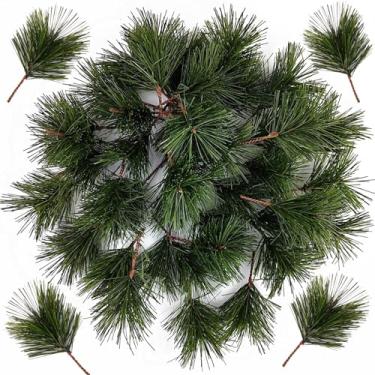 Imagem de ROYHOO 50 peças de agulhas artificiais de pinheiro verde, ramos falsos, pequenos galhos, hastes de pinheiro, palitos perenes, decorações de árvore de Natal