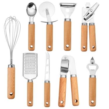 Imagem de Conjunto de utensílios de cozinha de aço inoxidável – 9 peças de utensílios de cozinha ocidentais e ferramentas com cabo de madeira: cortador de pizza, espremedor de alho, abridor de latas e garrafas