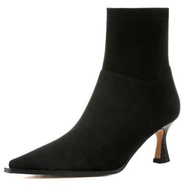 Imagem de Botas femininas Astroel, camurça preta, bico fino, salto de gatinho - 