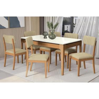Imagem de Conjunto Sala de Jantar Mira Premium Madeira Maciça c/ Tampo Madeirado c/ Vidro 160x90cm e 6 Cadeiras Telma Carvalho/Off White - Boucle Bege-Kappesber