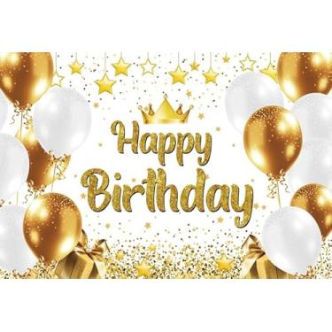 Imagem de ZJRBJB Decoração de feliz aniversário de 3 x 2,4 m, pano de fundo, coroa de balões dourados brancos, decorações de aniversário para mulheres, homens, recém-nascidos, chá de bebê, revelação de gênero
