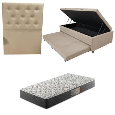 Imagem de Cama Box Baú Solteiro com Auxiliar (Bicama) + Colchão de Espuma D33 20cm | Kit Completo com Cabeceira Botonê Opcional | Diversas Cores (3, SUEDE BEGE, COM CABECEIRA)