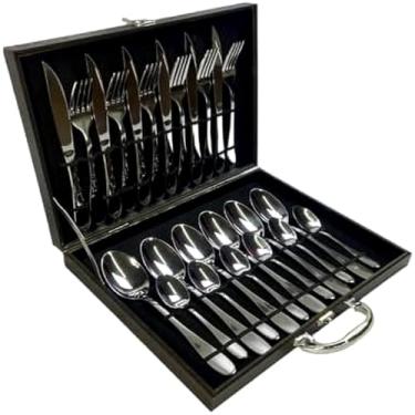 Imagem de Conjunto de Talheres Inox 24 Peças, Faqueiro com Maleta Preta, Colheres, Garfos e Facas, Acabamento Espelhado, Estojo MDF 32x25,5x4,5cm