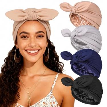 Imagem de Touca de quimioterapia de camada dupla para mulheres, touca de dormir pré-amarrada para queda de cabelo, Preto + cinza claro + cáqui + azul marinho, tamanho �nico