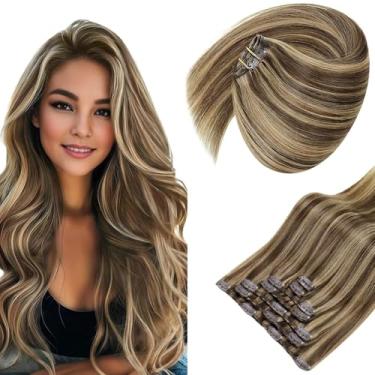 Imagem de Extensões de cabelo Sunny Clip In Loiro Caramelo Loiro 35,5 cm 7 pçs Grampo de cabelo real invisível em extensões de cabelo marrom Remy extensões de cabelo remy, realces, trança dupla, 120 g