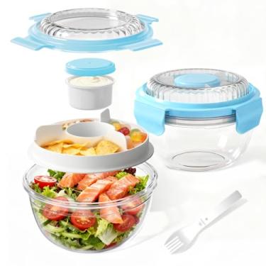 Imagem de WHALEHOUSE Pacote com 2 recipientes de salada ECOZEN transparentes e ecológicos SK chemicals ECOZEN, tigelas de salada de plástico portáteis com tampa, recipiente de molho à prova de vazamento