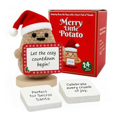 Imagem de Primo Lines Brinquedo de crochê feito à mão Merry Little Potato com 24 cartões diários de afirmação e caixa pronta para presente para incentivo diário, decoração de mesa de férias, presente para