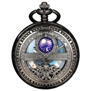 Imagem de DerMacht Relógio de bolso mecânico presente para homens, relógio de bolso esqueleto masculino mostrador romano com corrente, Gb. preto e preto