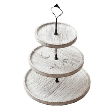 Imagem de Suporte rústico de madeira para bolo de 3 camadas, redondo, bandeja envelhecida em camadas, vintage, suporte para sobremesa, prateleira organizadora de bancada de metal com alça