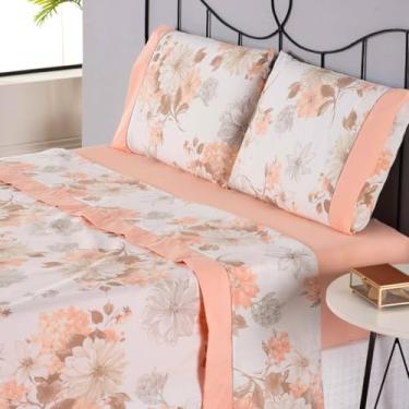 Imagem de Encantare Jogo de Lençol Premium, 4 Peças, Percal 180 Fios, Ponto Palito, para cama Casal Padrão, Queen e King, (Salmão, Queen)