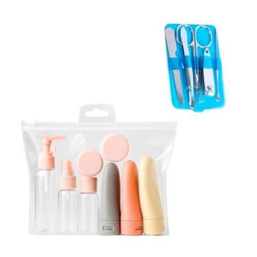 Imagem de Kit de Viagem com 8 Frascos 60 ml, 30 ml, 10 g com Bolsa Antivazamento Transparente + Kit Manicure com Lixa Cortador Tesoura Pinça Espátula e Estojo, Ideal para Viagens e Organização Pessoal
