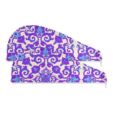 Imagem de SEHANY Toalha de cabelo de microfibra vintage azul boêmio para mulheres, 2 peças, turbantes de cabelo de secagem rápida com botão, touca de cabelo seco absorvente toalha de secagem de cabelo para