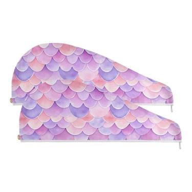 Imagem de SEHANY Toalha de cabelo de microfibra roxa pálida escamas de sereia para mulheres, 2 peças, turbantes de cabelo de secagem rápida com botão, touca de cabelo seco absorvente toalha de secagem de cabelo