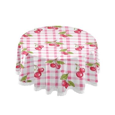Imagem de SEHANY Toalha de mesa redonda xadrez rosa cereja 152 cm, tecido lavável sem rugas, toalha de mesa redonda com renda decorativa para restaurante, casamento, acampamento, festa Fiesta Cinco de Mayo