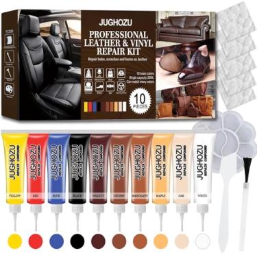 Imagem de Jughozu Kit de reparo de couro para móveis, sofá, jaqueta, assentos de carro e bolsa, kit de reparo de vinil com instruções fáceis. com cores personalizáveis, corrige rasgos, arranhões, furos e