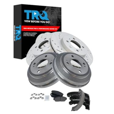 Imagem de TRQ Pastilha de freio dianteiro e traseiro e rotor, kit de sapata e tambor Desempenho semi-metálico revestido com G premium compatível com Honda Civic 1994-1995