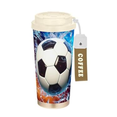 Imagem de Wassud Caneca de café de viagem com isolamento de futebol quebrado copo à prova de vazamento com tampa e canudo garrafa de água de aço inoxidável para café quente/gelo, chá e cerveja
