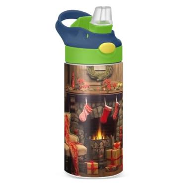 Imagem de YETTASBIN Garrafa de água para lareira de árvore de Natal para crianças, 340 g à prova de vazamento, parede dupla, isolada, garrafa de água de aço inoxidável, copo de viagem com tampa de canudo para