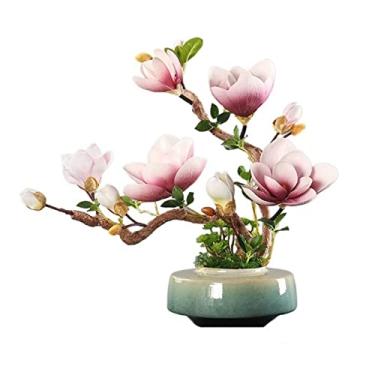 Imagem de Conjunto de flores artificiais simulação de flores magnólias com vaso arranjo de flores falsas decoração mesa de jantar sala de estar escritório decorações flores falsas