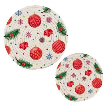 Imagem de Wassud Conjunto de trivet de frutas vermelhas de Natal para pratos quentes, suportes redondos de algodão, almofadas quentes, porta-copos elegantes, decoração de cozinha e acessórios, 2 peças