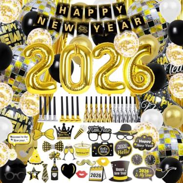 Imagem de Decorações de feliz ano novo 2026, cortinas de balão de alumínio, balões de látex, cenários fotográficos, adereços para cabine de fotos, explosões para celebração de ano novo