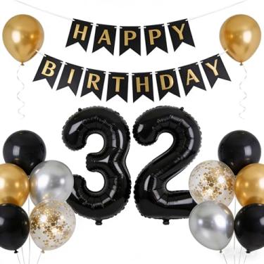 Imagem de Decorações de aniversário de 32 anos, ouro preto, prata, número 32, balões de confete de látex, decoração de feliz aniversário de 32 anos para homens e mulheres, festa de aniversário de 32 anos (32)