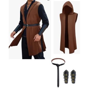 Imagem de Verceco Conjunto de fantasia masculina renascentista – fantasia medieval/renascentista masculina com cinto e cintas de couro com capuz, Caqui, M