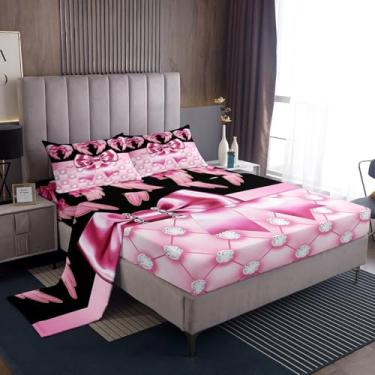 Imagem de Erosebridal Jogo de lençol casal com laço com glitter, asas de anjo gradiente, estampa de diamante brilhante, floco de neve rosa e branco com elástico alto