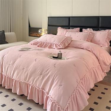 Imagem de Conjunto de cama vintage leve, capa de edredom em veludo macio cor leite com bordado de rosas, lençol de inverno em fleece coral, rosa, tamanho king (220x240cm), 4 peças