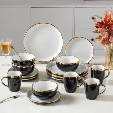 Imagem de Conjuntos de louça de cerâmica preta e dourada para 4, conjuntos de pratos e tigelas de luxo de 16 peças com borda dourada, conjunto de pratos modernos para casamento, Natal, aniversário, resistente a