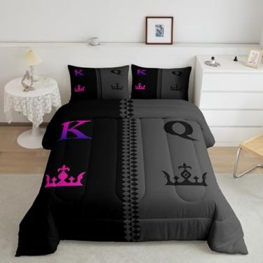 Imagem de Feelyou Conjunto de edredom King e Queen, tamanho Queen, preto e cinza, conjunto de cama estampado para casais, conjunto de edredom macio e confortável para todas as estações, 3 peças (1 edredom + 2
