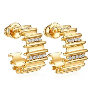 Imagem de Brincos femininos banhados a ouro 14 quilates de prata esterlina 925 | Brincos de pressão da moda, Small, Latão, Zircônia cúbica