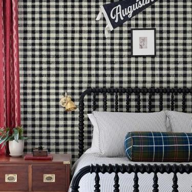 Imagem de JiffDiff Papel de parede moderno descasque e cole mosaico quadriculado papel de contato treliça à prova d'água autoadesivo adesivo em papel de parede (43,9 cm x 3,048 cm preto)