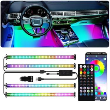 Imagem de Fita de luzes de LED para carro, 72 luzes internas de LED Dream Color RGB+IC com controle remoto de aplicativo inteligente, multicolorida para os pés sob o painel, kits de luz interna, modo de