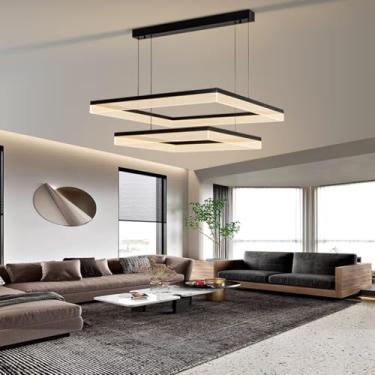 Imagem de Lustre Moderno Regulável 68w Alumínio Preto Led Acrílico Luz De Ilha De Cozinha Com Controle Remoto 3000k-6500k Sala De Estar Grande Iluminação Diy Forma Quadrado Pinge, One Color, 80cm+60cm