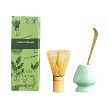 Imagem de Conjunto De Matcha Em Bambu 3 Peças Batedor De Cerâmica Colher De Chá 