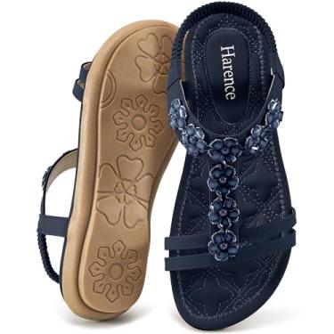 Imagem de HARENCE Sandálias rasteiras femininas de verão: sapatos rasos confortáveis boêmios com contas, elástico, tira em T, casual, sem cadarço, sandálias de praia para mulheres, Azul, 36