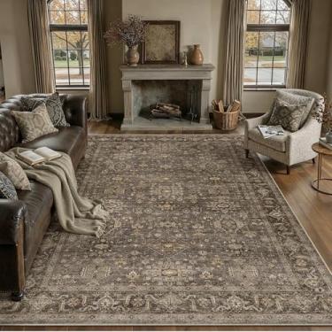 Imagem de WondRg Tapete lavável de 25 x 35 cm para sala de estar, quarto, vintage, marrom, antiderrapante, tradicional, retrô, macio, tapete grande para sala de jantar, cozinha, escritório, ambientes internos